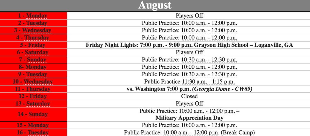 August Camp Schedule