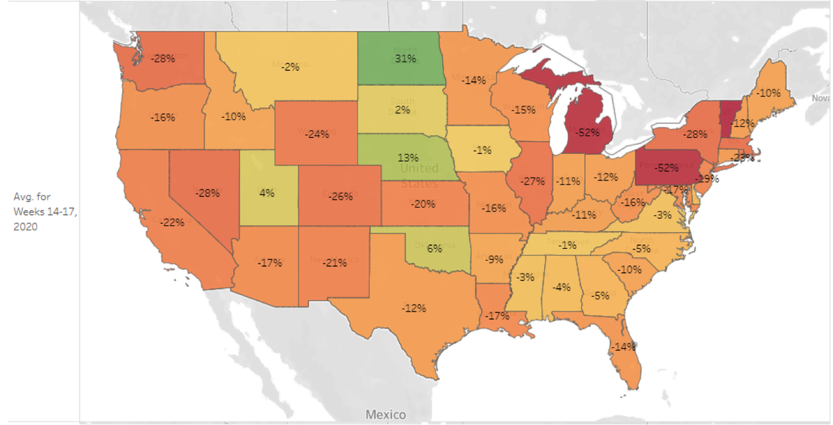 A map showing where mortgage rate lock activity rose and fell.
