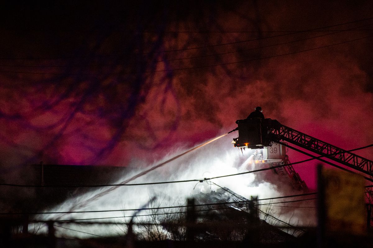 Chicago Fire Fighters battle a 3-11 alarm fire Monday night, in the 4200 block of South Ashland, in the Back of the Yards neighborhood. | Tyler LaRiviere/Sun-Times