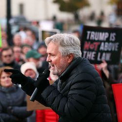 Retired Utah Court of Appeals Judge Fred Voros speaks at a rally in Salt Lake City on Thursday, Nov. 8, 2018, following the resignation of Attorney General Jeff Sessions.