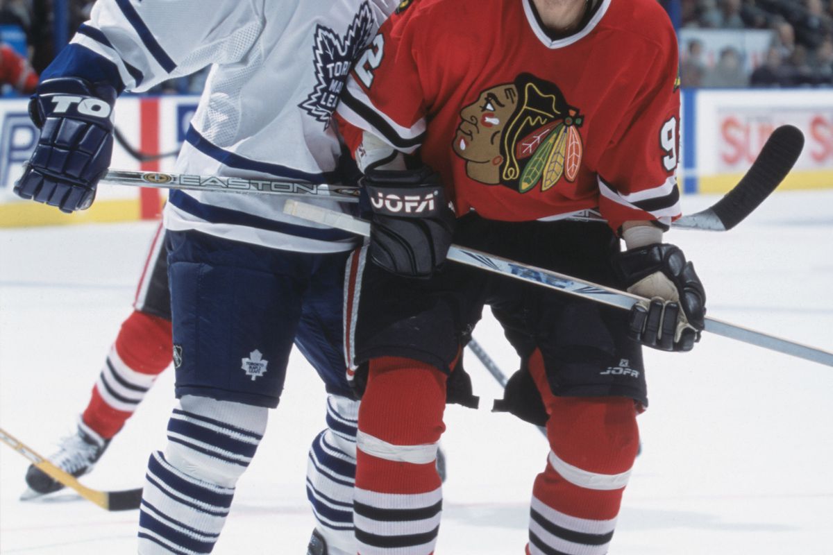 1 Dec 2001: Left wing Shayne Corson #27 of the Toronto Maple Leafs and center Michael Nylander #92 of the Chicago Blackhawks skate on the ice during the NHL game at the Air Canada Centre in Toronto, Canada. The Leafs defeated the Blackhawks 4-1