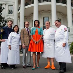 Here's a publicity photo from the <a href="http://dinersjournal.blogs.nytimes.com/2010/01/04/what-happened-on-last-nights-iron-chef/" rel="nofollow">2010 White House episode</a> of <i>Iron Chef</i>, starring NYC chefs Bobby Flay and Mario Batali, White Ho