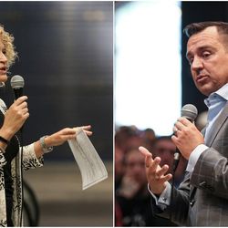 Composite photo: Salt Lake City Mayor Jackie Biskupski and Utah House Speaker Greg Hughes, R-Draper, at a public forum at the Gateway in Salt Lake City on Tuesday, Aug. 15, 2017, about recent efforts to address homelessness in the Rio Grande area.