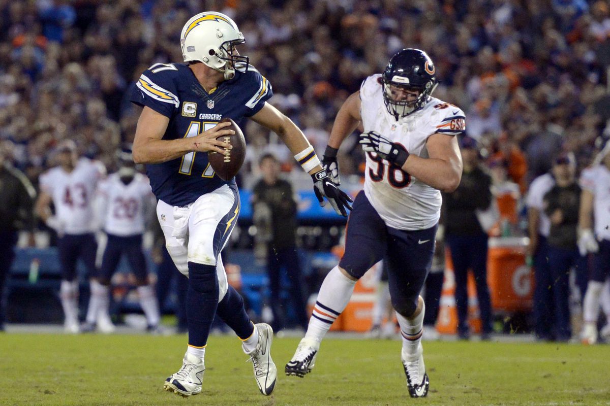 Mitch Unrein pressures Phillip Rivers... look for more pressure from the Chicago front 7 this season... 