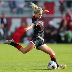 Utah's Eden Jacobsen (24) tries a shot on goal the University of Utah defeated Texas Tech 1-0 in NCAA Tournament soccer action in Salt Lake City on Saturday, Nov. 12, 2016.