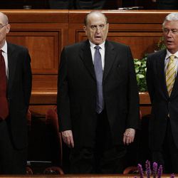 Presidents Thomas S. Monson, Henry Eyring and Dieter Uchtdorf  sing a congregational hymn during the 182nd Annual General Conference for The Church of Jesus Christ of Latter-day Saints in Salt Lake City  Saturday, March 31, 2012.