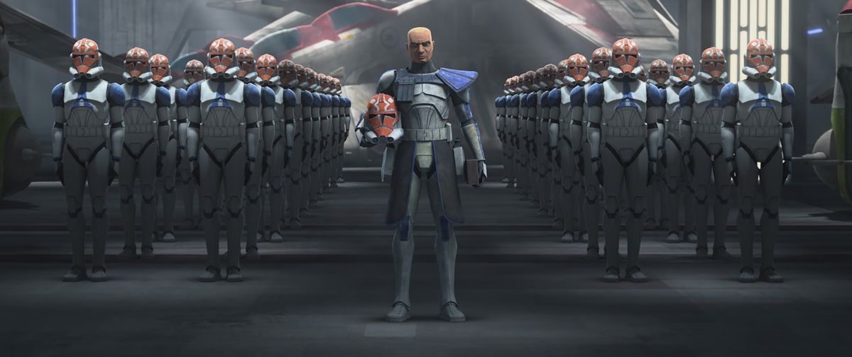 Rex from Star Wars: The Clone Wars standing near the clone army