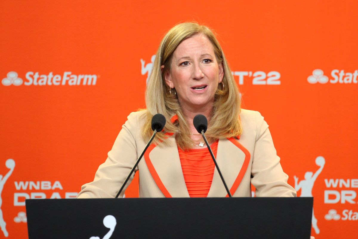 WNBA Commissioner Cathy Engelbert speaks to the media during the 2022 WNBA Draft on April 11, 2022 at Spring Studios in New York, New York.