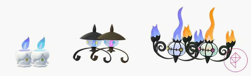 Shiny Litwick Lampent and Chandelure with their regular forms. The normal forms all have purple flames and golden eyes, but Shiny Litwick has a blue flame with blue eyes, Shiny Lampent has a magenta flame with blue eyes, and Shiny Chandelure has orange flames and orange eyes.