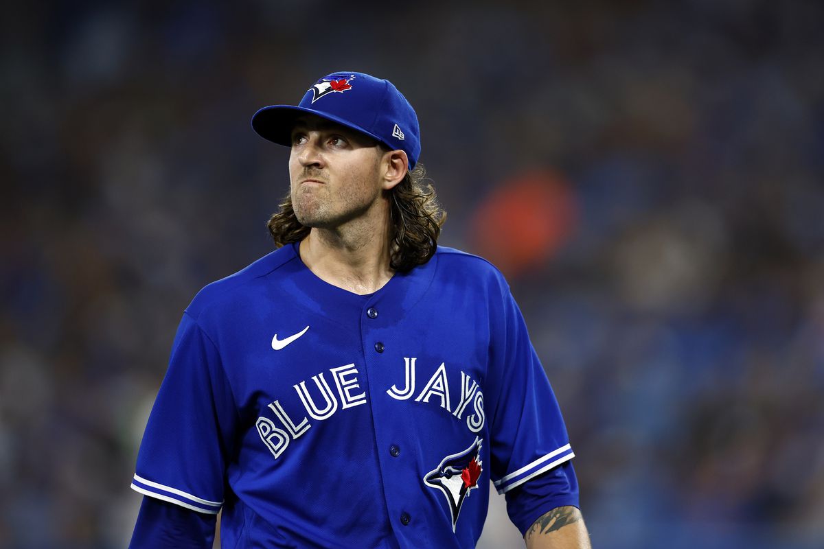 Kevin Gausman #34 of the Toronto Blue Jays leaves the game in the third inning during a MLB game against the Baltimore Orioles at Rogers Centre on June 16, 2022 in Toronto, Ontario, Canada.
