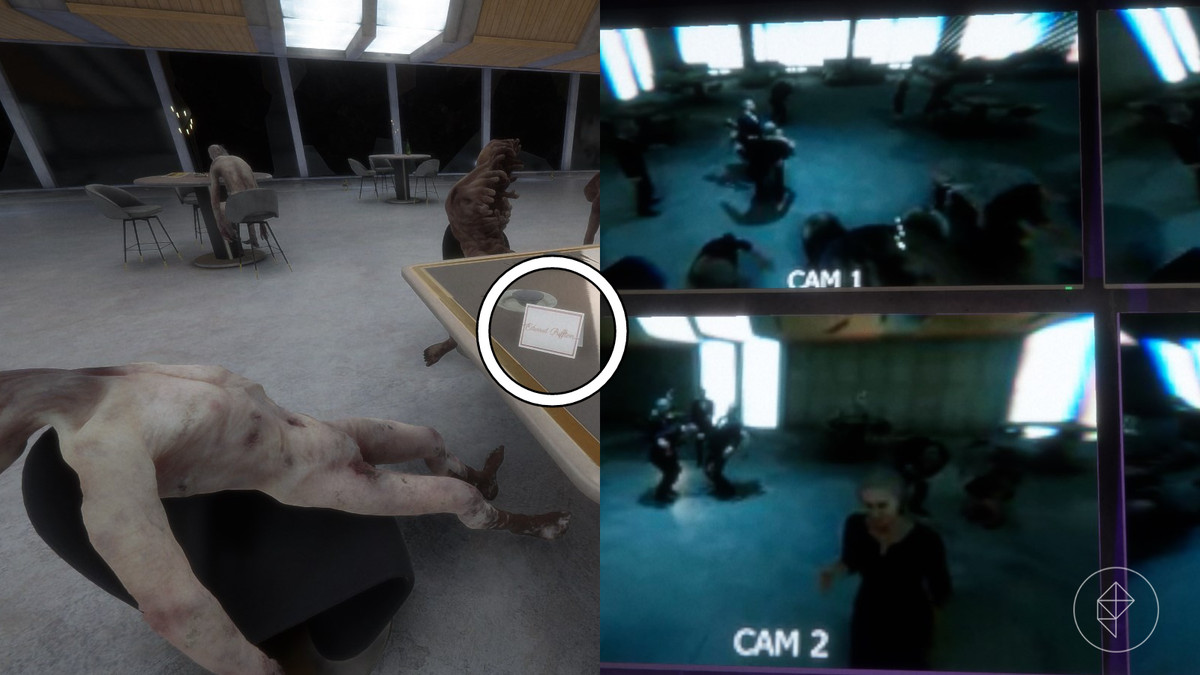 Split image with a mutant sitting in a chair with a name tag that says “Edward Puffton” and a camera recording of many people mutating in Sons of the Forest.