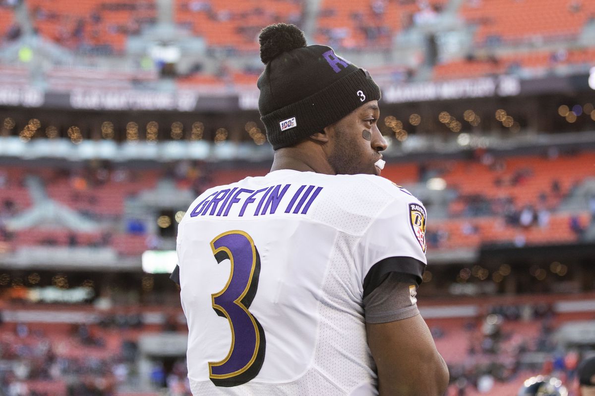 Baltimore Ravens quarterback Robert Griffin III watches the final minutes of the fourth quarter against the Cleveland Browns at FirstEnergy Stadium.