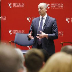 Independent presidential candidate Evan McMullin speaks to students at the University of Utah's Hinckley Institute in Salt Lake City on Wednesday, Nov. 2, 2016.