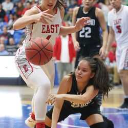 East and Highland play during the 5A high school girls semifinal game in Salt Lake City on Friday, Feb. 23, 2018.
