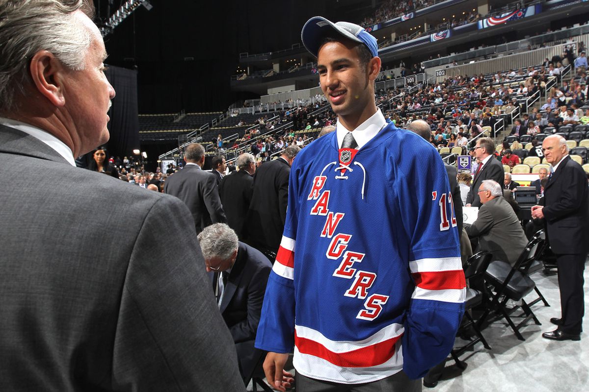 PITTSBURGH, PA - JUNE 23: Cristoval Nieves, 59th overall pick by the New York Rangers, talks during day two of the 2012 NHL Entry Draft at Consol Energy Center on June 23, 2012 in Pittsburgh, Pennsylvania.  (Photo by Bruce Bennett/Getty Images)