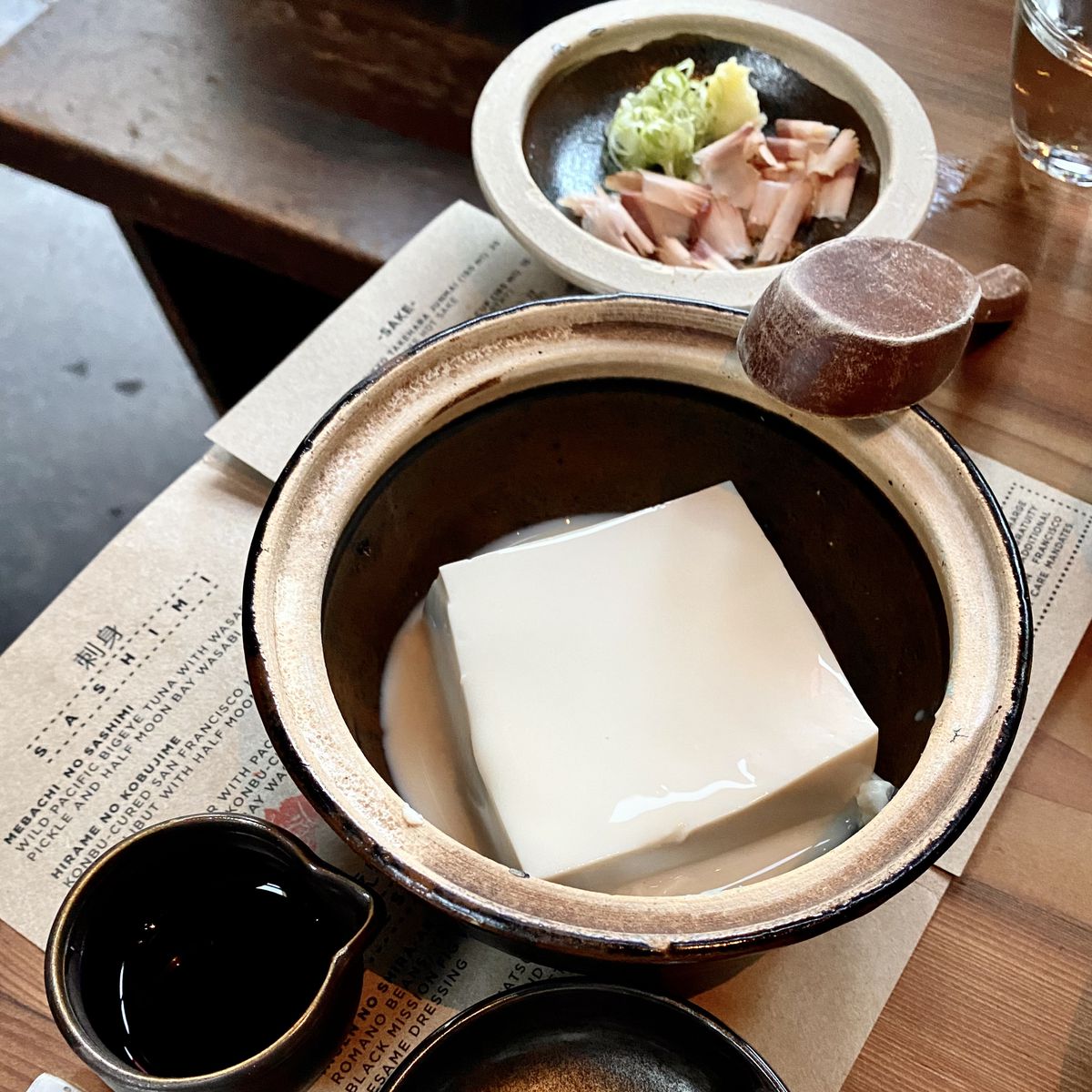 Silken tofu with Meiji soy milk, katsuobushi, ginger, scallion and shiitake&nbsp;shoyu from Rintaro