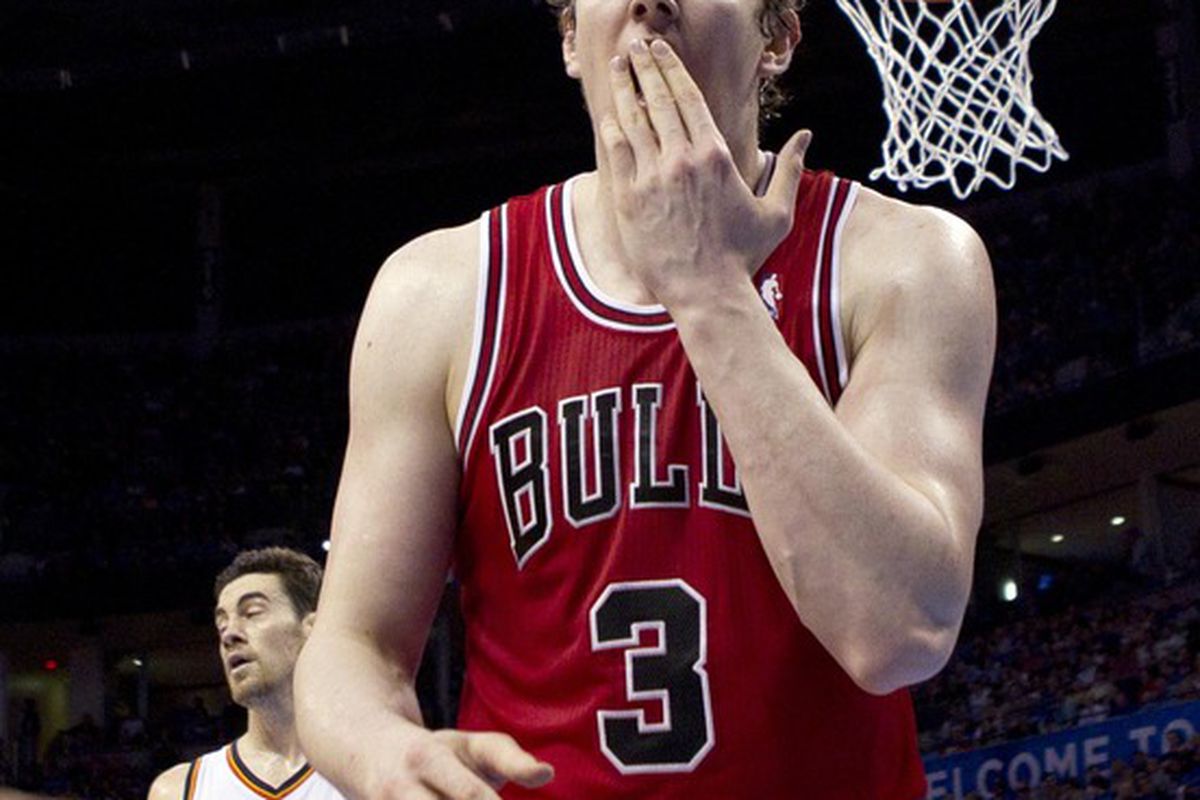 April 1, 2012; Oklahoma City  OK, USA; Chicago Bulls center Omer Asik (3) reacts to a foul call during the second quarter against the Oklahoma City Thunder at Chesapeake Energy Arena. Mandatory Credit: Richard Rowe-US PRESSWIRE