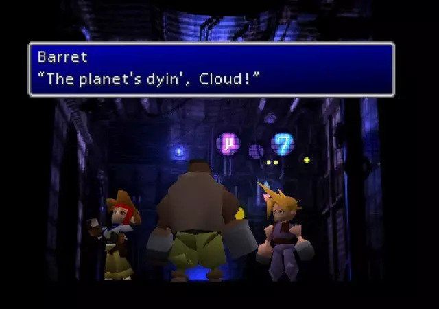 Tangkapan layar dari Final Fantasy VII 1997 yang menampilkan Barret Wallace dengan kotak teks di atas kepalanya yang menyatakan, 