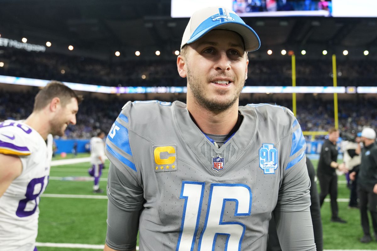 Jared Goff #16 of the Detroit Lions walks off the field after a win over the Minnesota Vikings at Ford Field on January 07, 2024 in Detroit, Michigan.