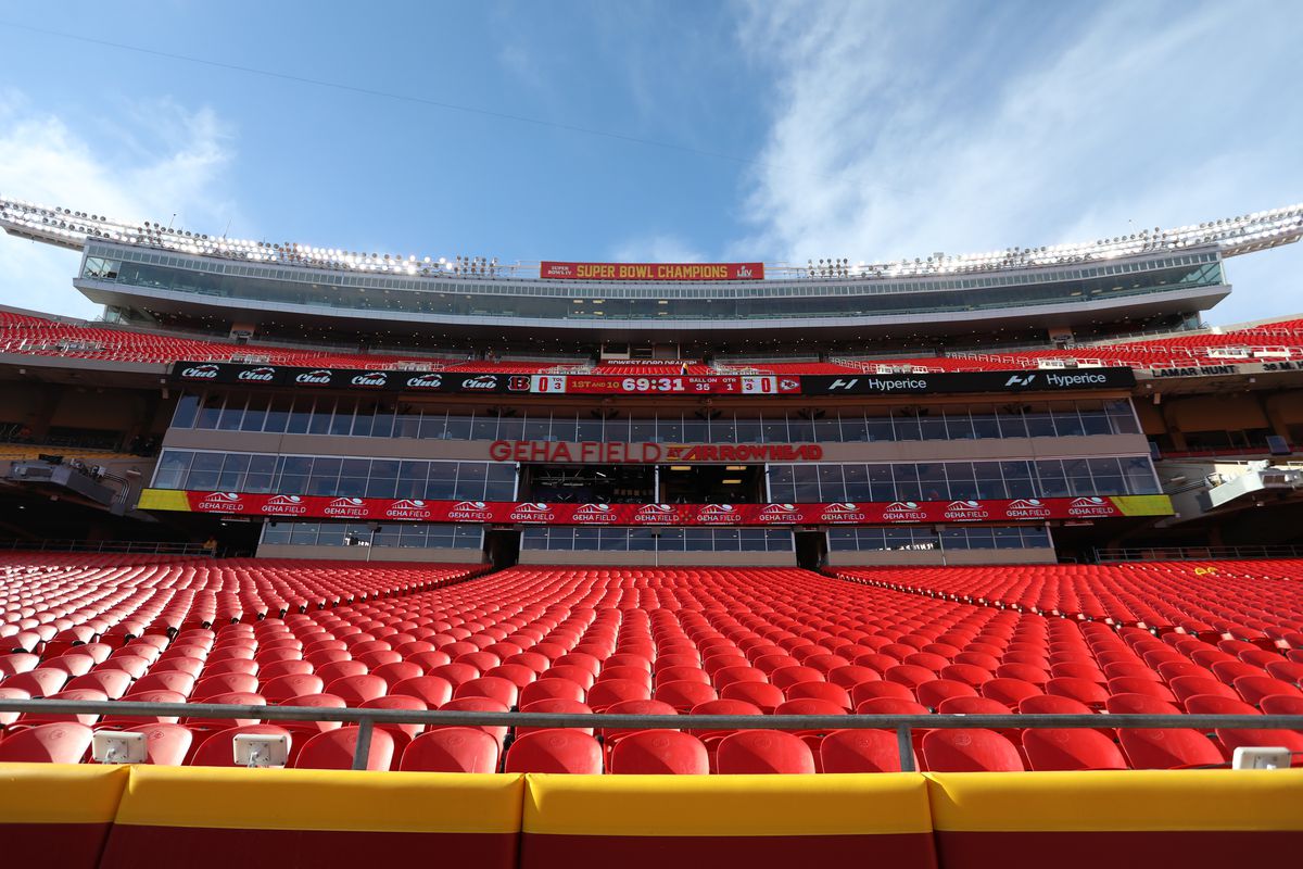 A general view of the stadium, press box and Super Bowl Champions sign before the AFC Championship game between the Cincinnati Bengals and Kansas City Chiefs on Jan 30, 2022 at GEHA Field at Arrowhead Stadium in Kansas City, MO.
