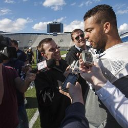 BYU's Kyle Van Noy talks with the media as BYU wraps up its spring football practices Friday, April 5, 2013 with a scrimmage game for the alumni at LaVell Edwards Stadium.