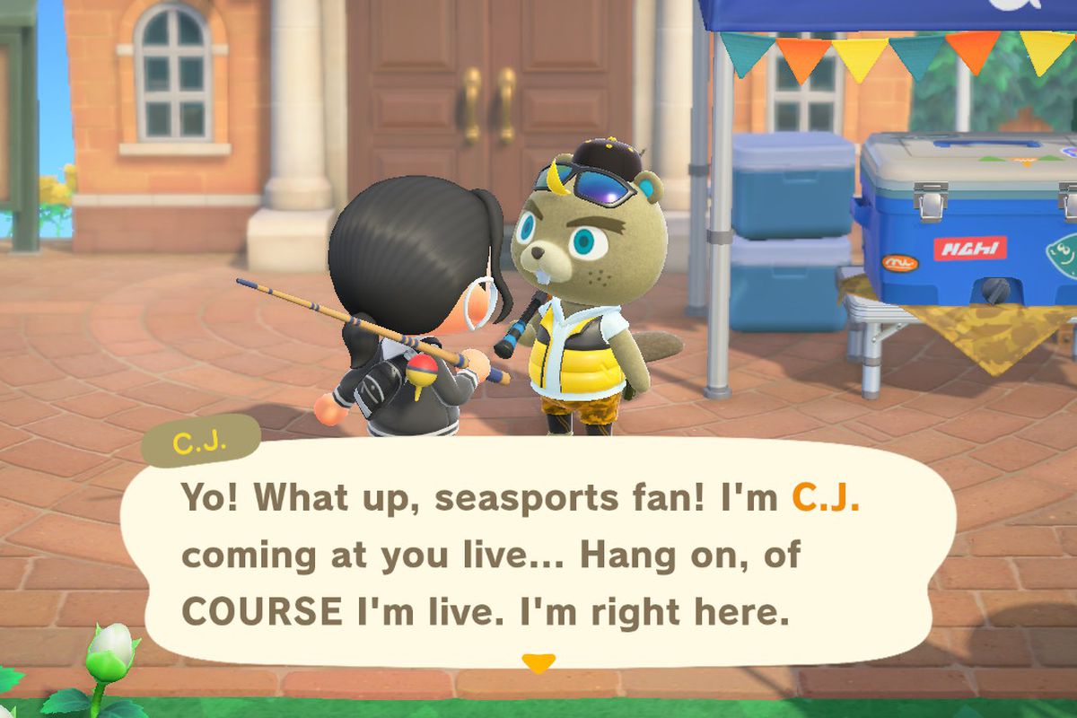 An Animal Crossing character talks to C.J. in the town square