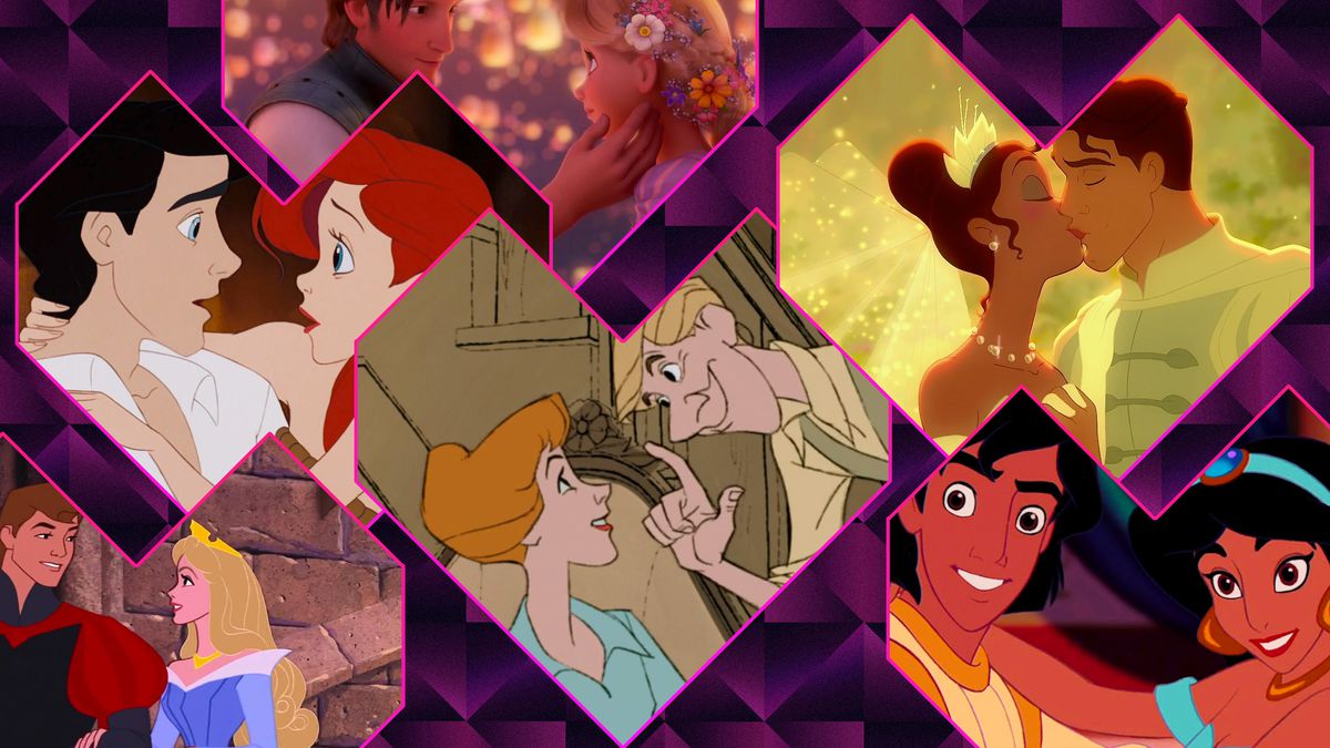 a collection of disney couples in heart-shaped frames