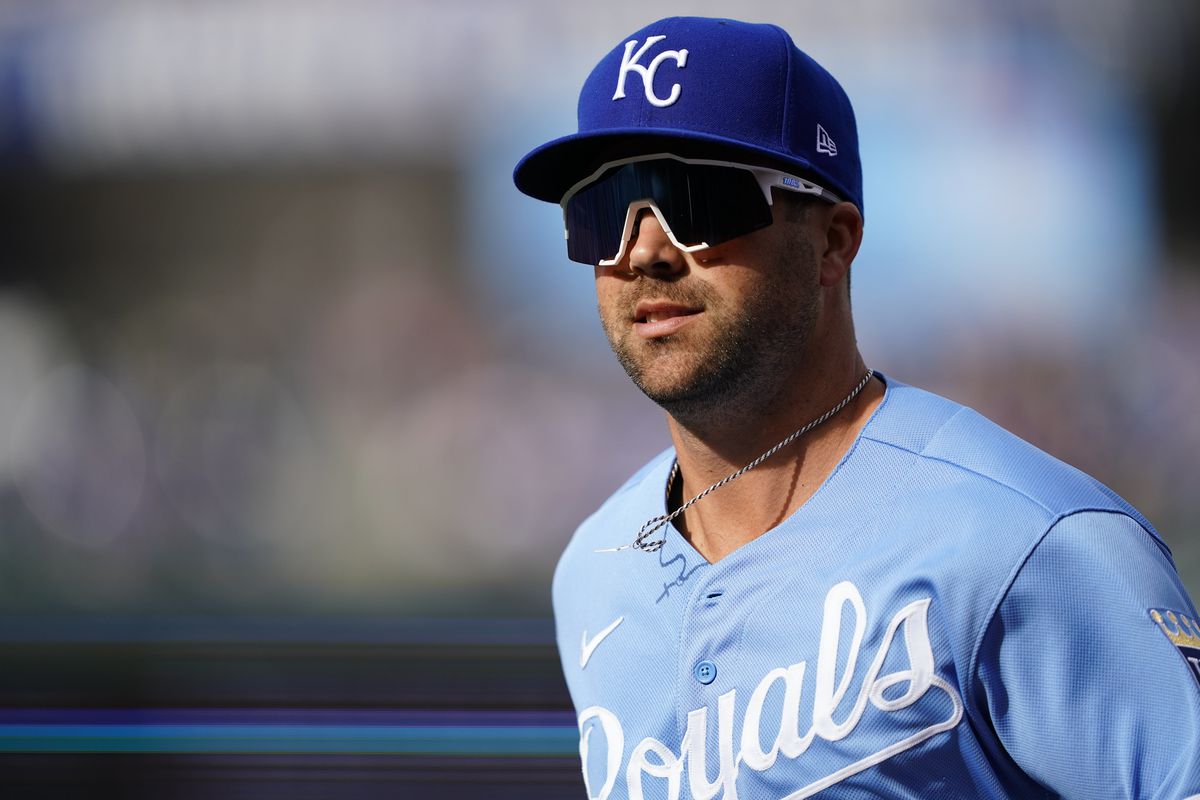 Whit Merrifield #15 of the Kansas City Royals comes off the field during the game against the Cleveland Guardians at Kauffman Stadium on April 9, 2022 in Kansas City, Missouri.