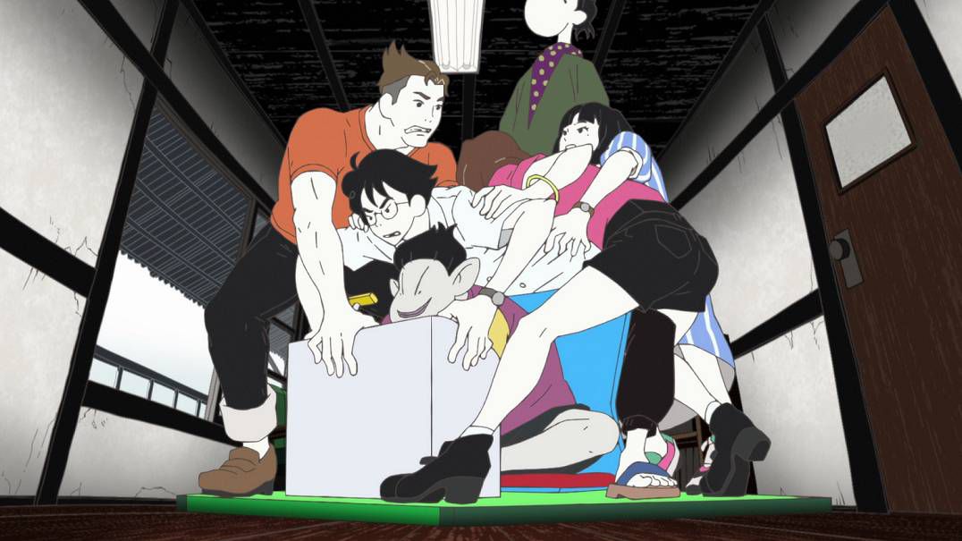 Several anime characters attempt to squeeze aboard the surface of a time travel machine.