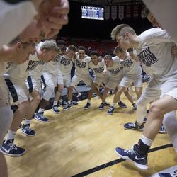 Grizzlies get ready for the start of Pleasant Grove Vikings' 57-42 victory against the Copper Hills Grizzlies in the Class 6A state semifinals at the Jon M. Huntsman Center in Salt Lake City on Friday, March 2, 2018.