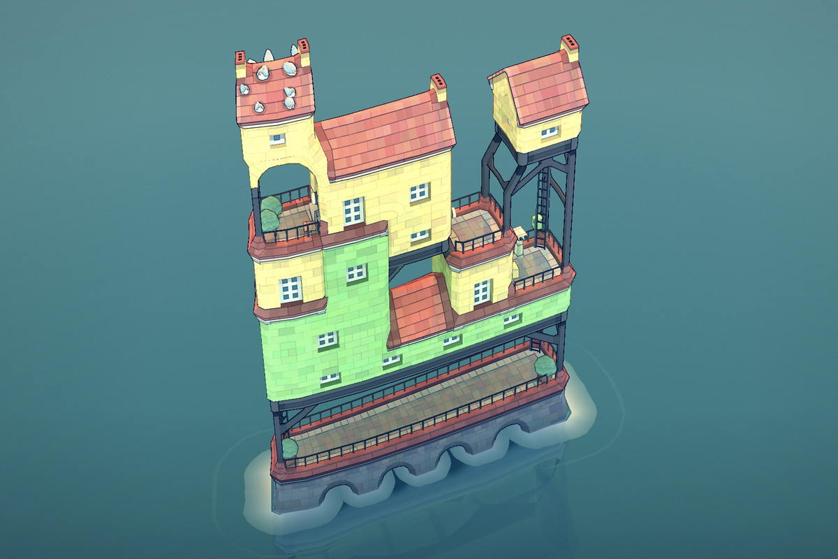 A quaint little five-story home generated through the Townscapes game from an online tool that parses Wordle puzzle results
