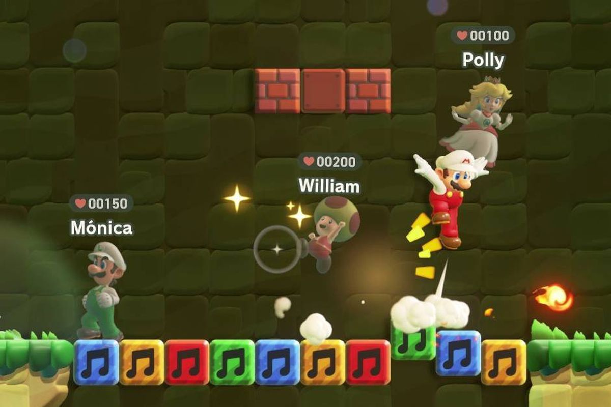A view of four players playing Super Mario Bros. Wonder online: the local player is Mario, while Luigi, Toad, and Peach appear see-through, with names over their heads
