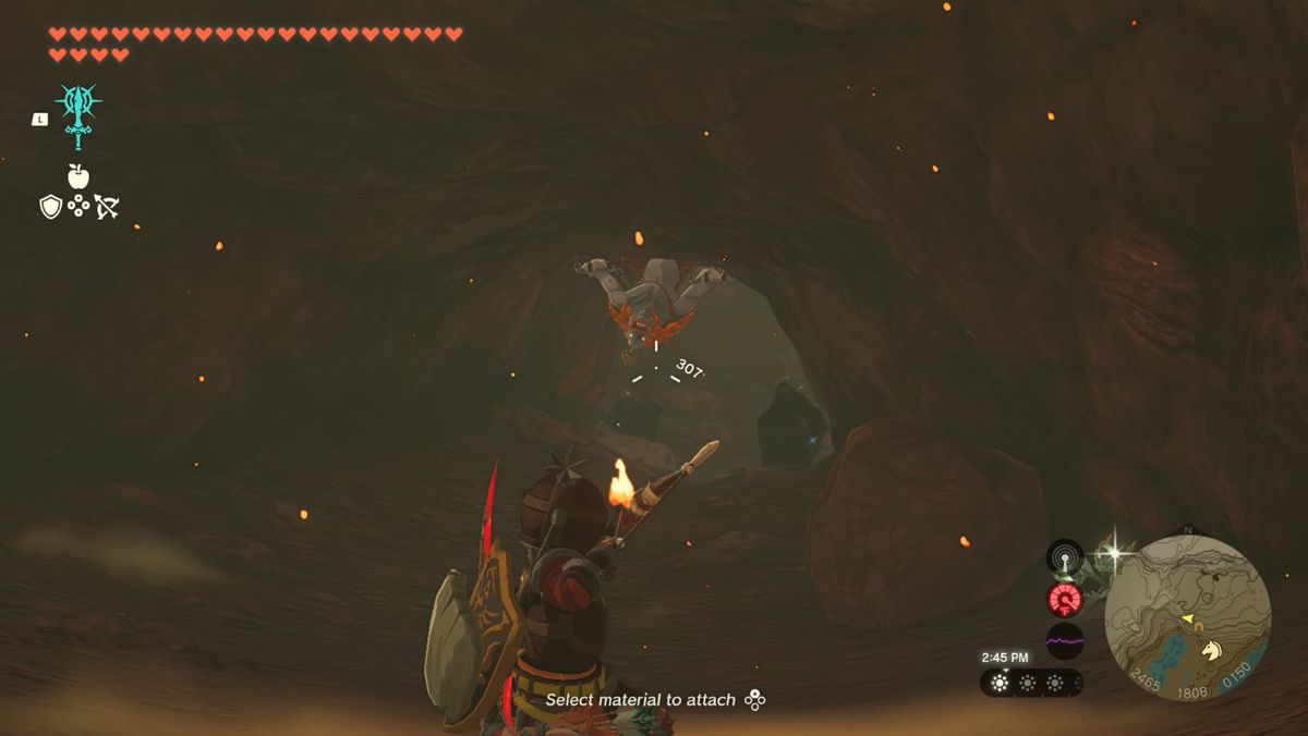 Link fires an arrow at a Horriblin in Lake Intenoch Cave toward Moshapin Shrine in Zelda: Tears of the Kingdom