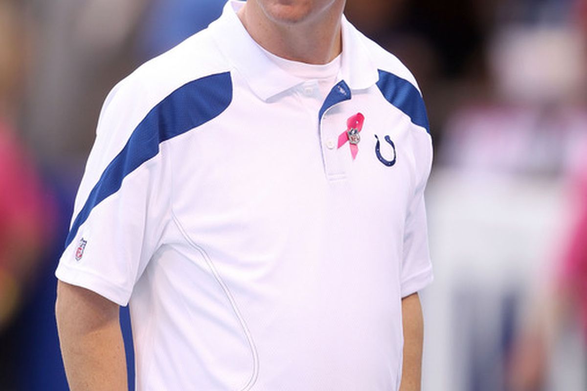 INDIANAPOLIS, IN - OCTOBER 09: Peyton Manning of the Indianapolis Colts watches his team warm up before the NFL game against the Kansas City Chiefs at Lucas Oil Stadium on October 9, 2011 in Indianapolis, Indiana.  (Photo by Andy Lyons/Getty Images)