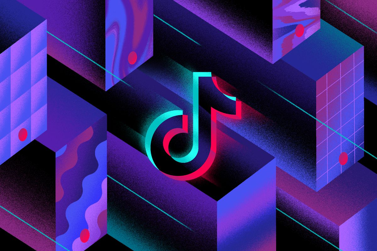 Illustration featuring purple and blue graphic lines and a TikTok logo