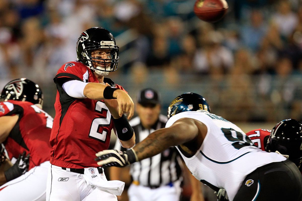 JACKSONVILLE, FL - AUGUST 19:  Quarterback Matt Ryan  #2 of the Atlanta Falcons attempts a pass during a game against the Jacksonville Jaguars at EverBank Field on August 19, 2011 in Jacksonville, Florida.  (Photo by Sam Greenwood/Getty Images)