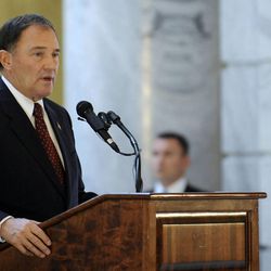 Gov. Gary Herbert offers remarks before Sean Reyes takes the oath of office as Utah's attorney general in the rotunda of the state Capitol in Salt Lake City on Monday, Dec. 30, 2013. Reyes replaces John Swallow, who resigned in November.