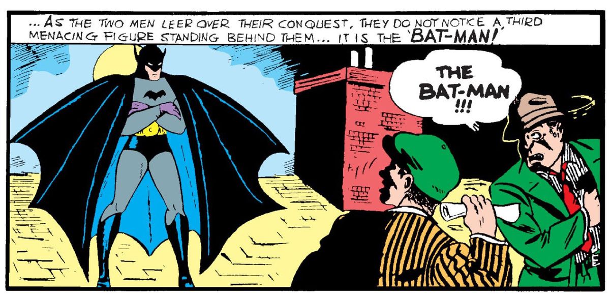 Batman stands on a rooftop, with a scalloped cape and purple gloves, in Detective Comics #27, DC Comics (1939). 