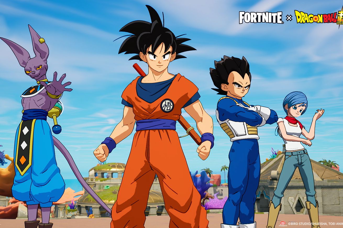 Dragon Ball characters Goku, Vegeta, Bulma, and Beerus in Fortnite.