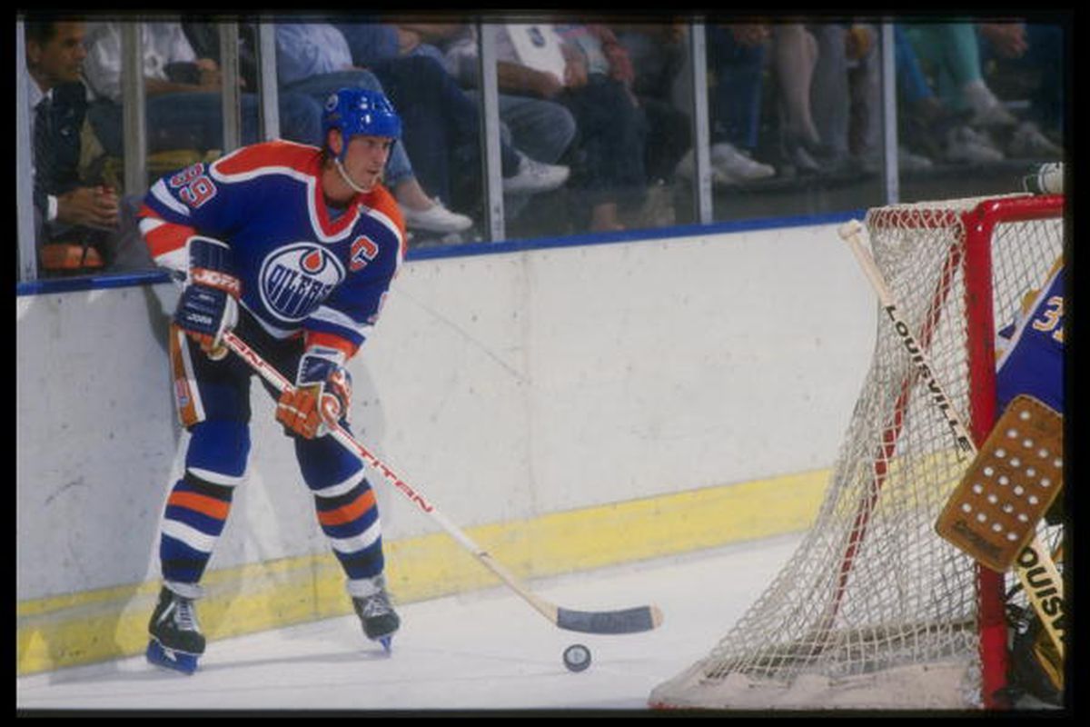 Wayne Gretzky sets up in his "office" behind the opponents' net.  

Getty Images/ ALLSPORT USA /Allsport 