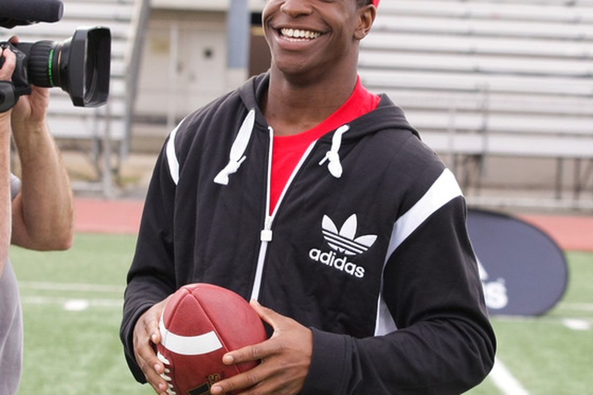 LOS ANGELES, CA - MARCH 19:  adidas and Titus Young pop into a football practice in Los Angeles to capture game faces as part of the adidas Facebook Game Face contest.  (Photo by Noel Vasquez/Getty Images for adidas)