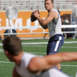 BYU's Taysom Hill warms up on the field Saturday, Sept. 6, 2014, in Austin, Texas.
