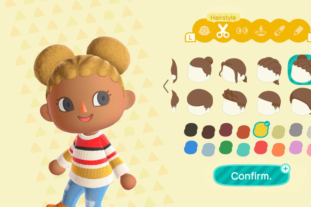 The hairstyle selection screen in Animal Crossing: New Horizons