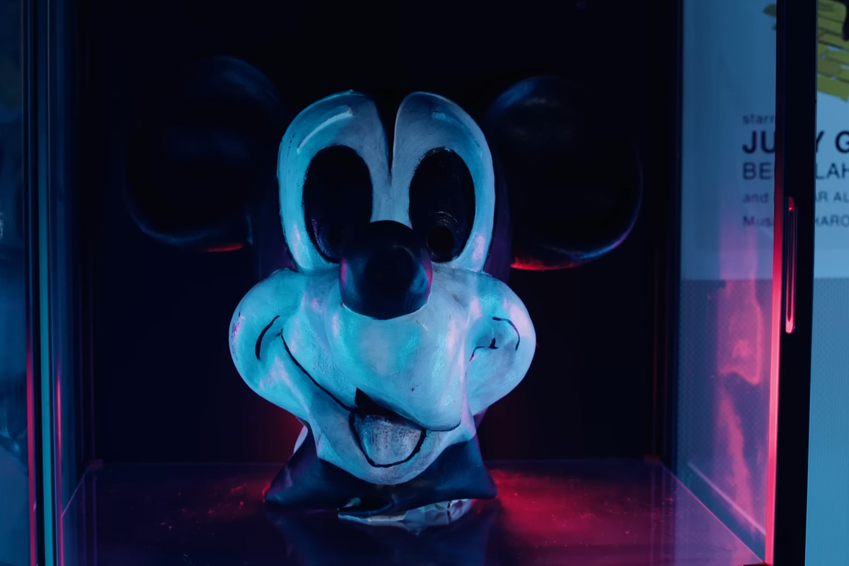 A version of Mickey Mouse’s head as a mask from the horror movie Mickey’s Mouse Trap 