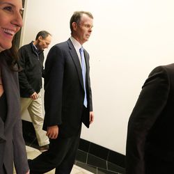 Former Utah Attorney General John Swallow walks to speak with members of the media at the Matheson Courthouse in Salt Lake City after a jury found him not guilty on all counts in his public corruption trial on Thursday, March 2, 2017.