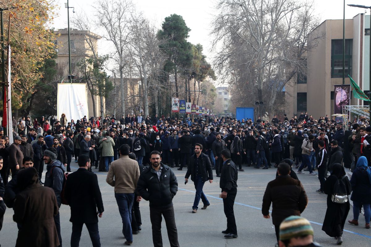 Protesters fill a street during an anti-government demonstration in Tehran, Iran.