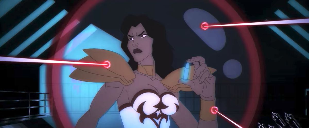 A Wonder Woman-esque hero stealing a bullet in Guardians of Justice