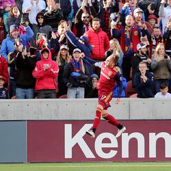 Real Salt Lake forward Corey Baird (27) celebrates a goal as Real Salt Lake and D.C. United play an MLS Soccer match at Rio Tinto Stadium in Sandy on Saturday, May 12, 2018.