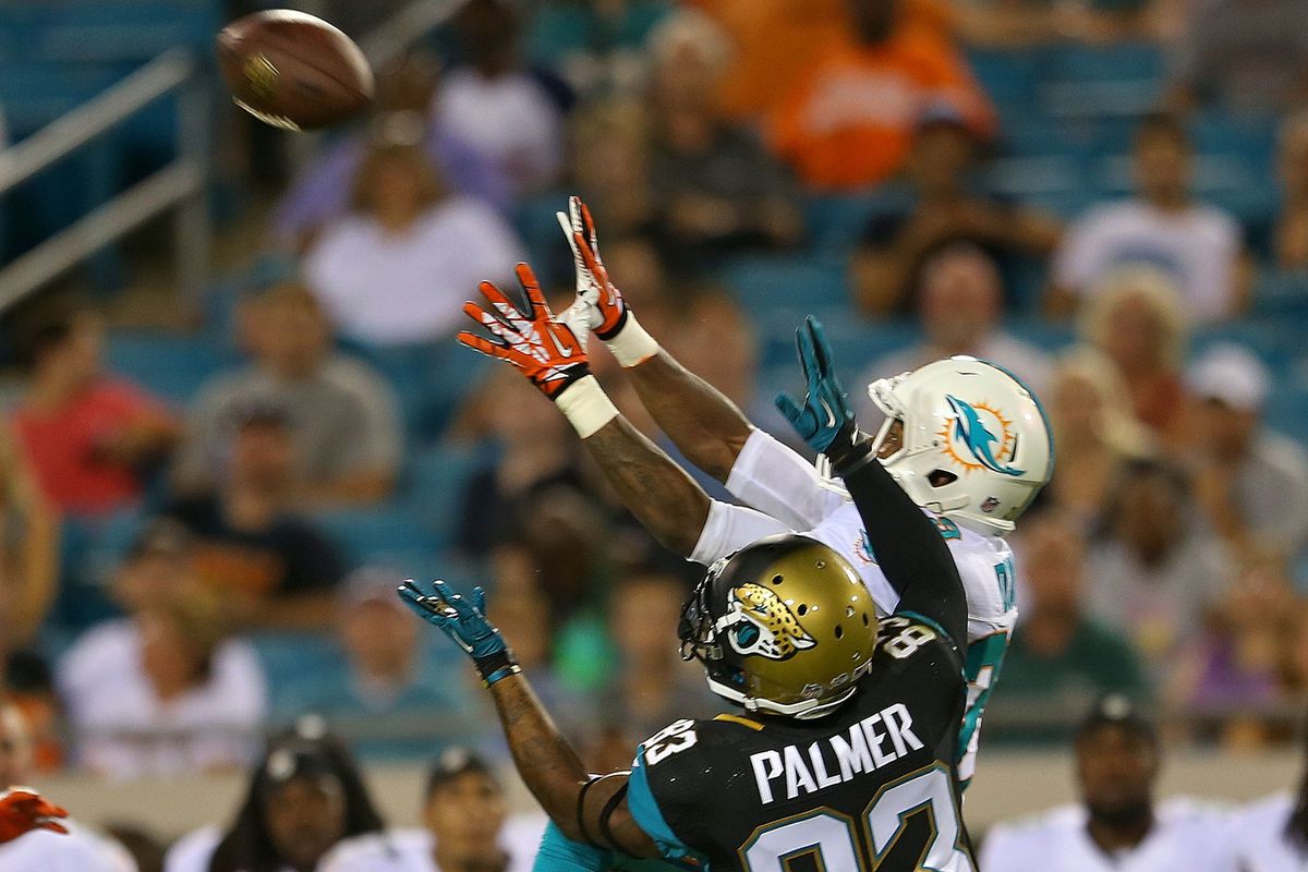 JACKSONVILLE, FL - AUGUST 09: Will Davis #29 of the Miami Dolphins makes an interception over Tobais Palmer #83 of the Jacksonville Jaguars during a preseason game at EverBank Field on August 9, 2013 in Jacksonville, Florida.