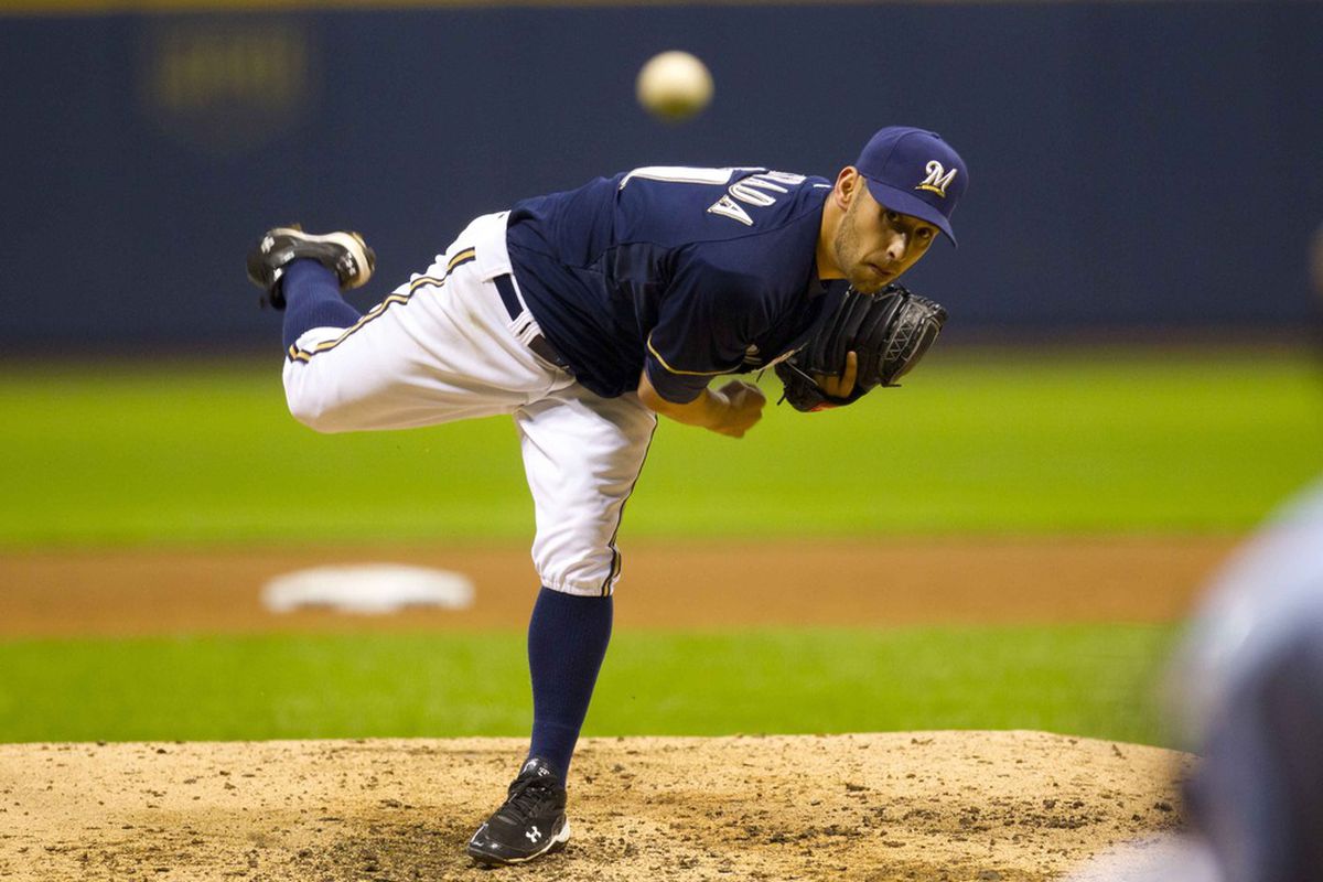 May 7, 2012: Milwaukee, WI, USA;  Milwaukee Brewers pitcher Marco Estrada (41) during the game against the Cincinnati Reds at Miller Park.  The Reds defeated the Brewers 6-1.  Mandatory Credit: Jeff Hanisch-US PRESSWIRE